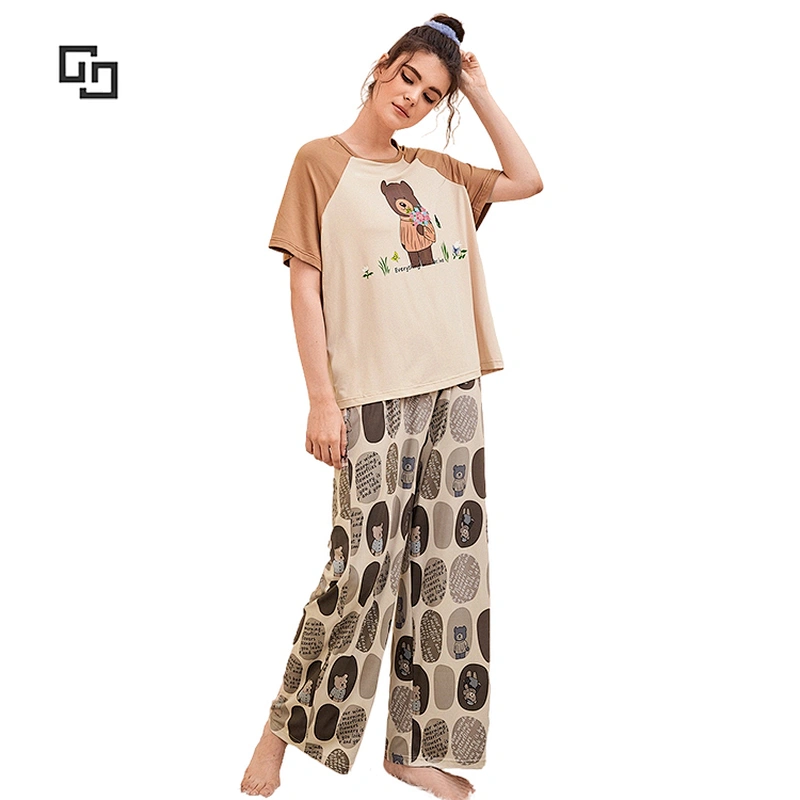 OEM Sleepwear Slogan & Bear Print Color Block Raglan Sleeve Cotton PJ Set for Women