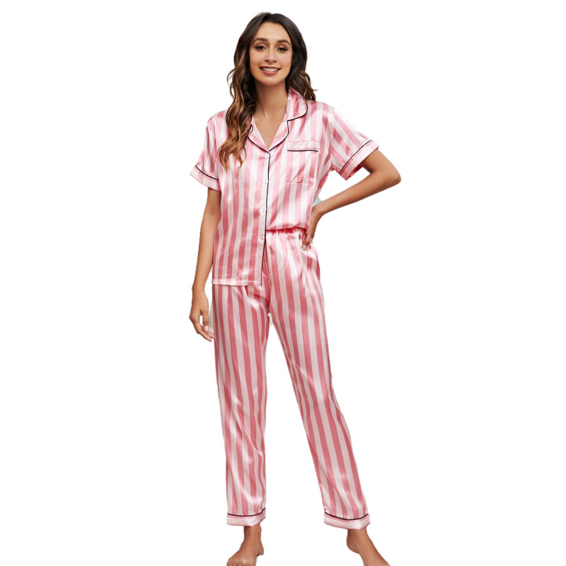 Wholesale Striped Long Winter Custom Silk Sleepwear Pijama 2 Pieces Femme Pyjama Women Pajama Set