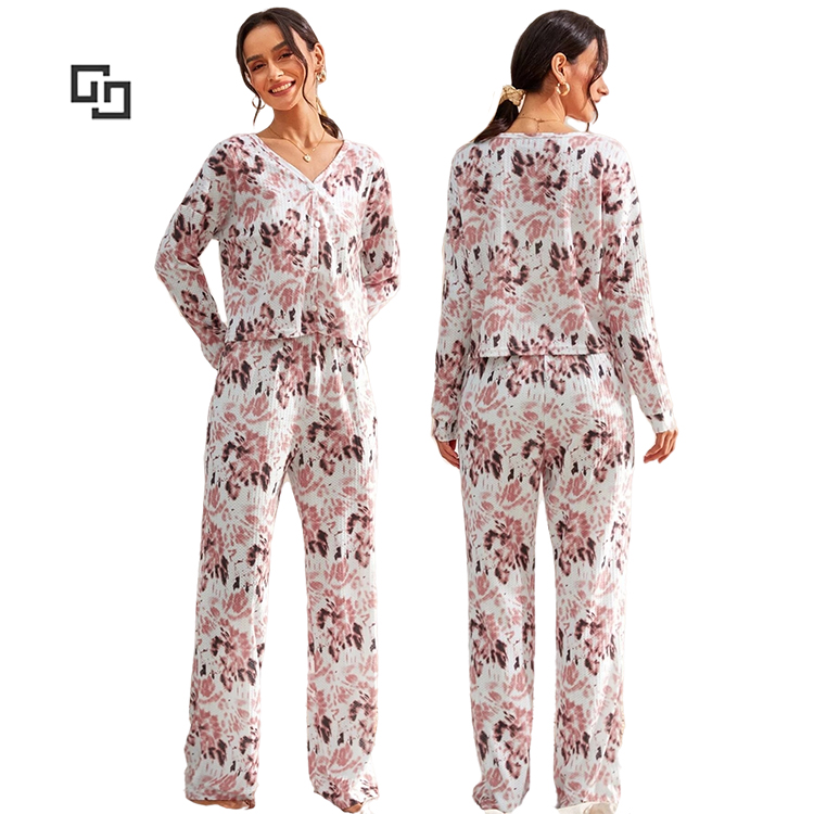 2022 New Arrival Tie Dye Drop Shoulder Women Waffle Knit Home Lounge Wear Cotton Pajama Set