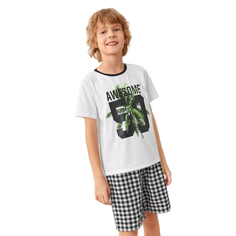 Tropical Print Top Shorts Sleepwear Pajama Sets Knit 100% Cotton Custom Children Pjs Toddler Boy Summer Kids Pyjamas