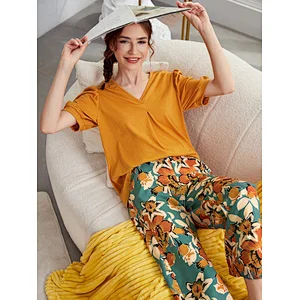 2022 Top Floral Print Pants Lounge Wear Woman Pyjama Long Cotton Women Pajamas Sets