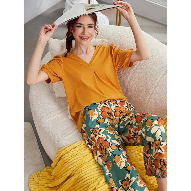 2022 Top Floral Print Pants Lounge Wear Woman Pyjama Long Cotton Women Pajamas Sets