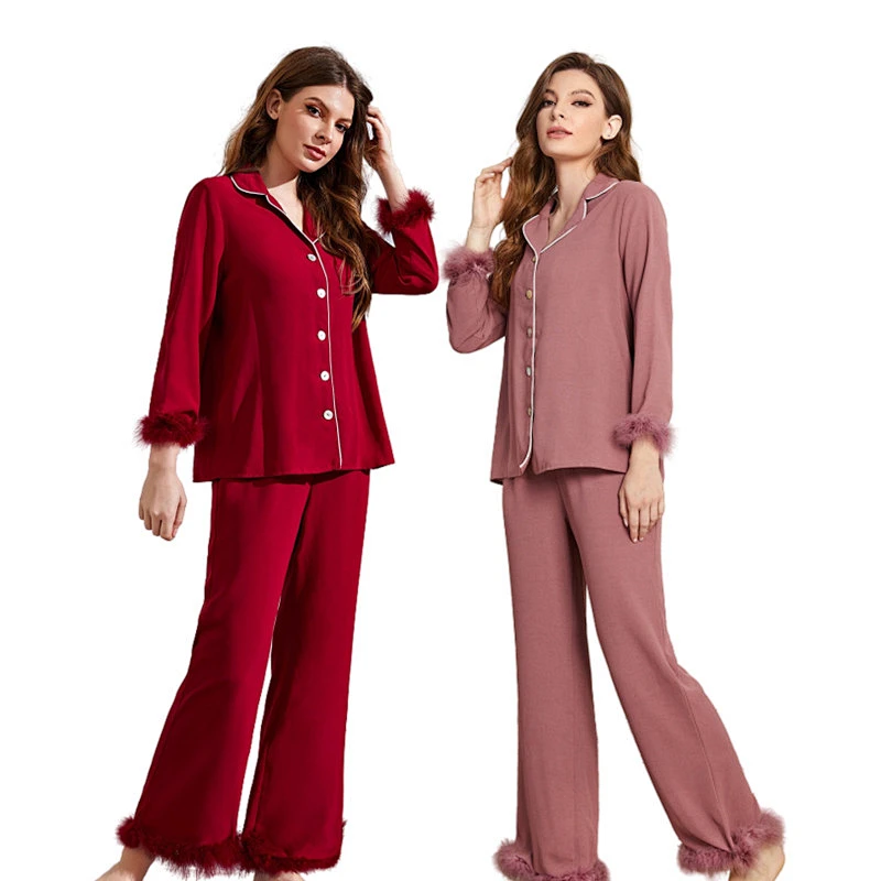 Pyjama Pour Feeme Fur Sleepwear Pijamas Feather Trim Cotton Pjs Wholesale Fuzzy Women Cozy Pajama Sets