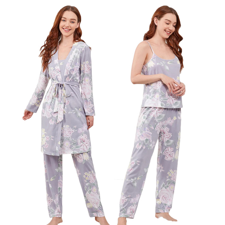 3pcs Floral Print Loungewear Cami Top and Pants Belted Robe Set Women Custom Viscose from Bamboo Pajamas