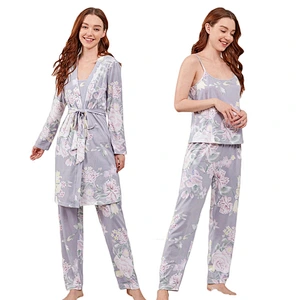 3pcs Floral Print Loungewear Cami Top and Pants Belted Robe Set Women Custom Viscose from Bamboo Pajamas