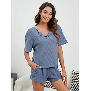 Cotton Pajamas for Women Set Drop Shoulder Pajamas Short Sleeve Waffle Knit Summer Pajamas Suits