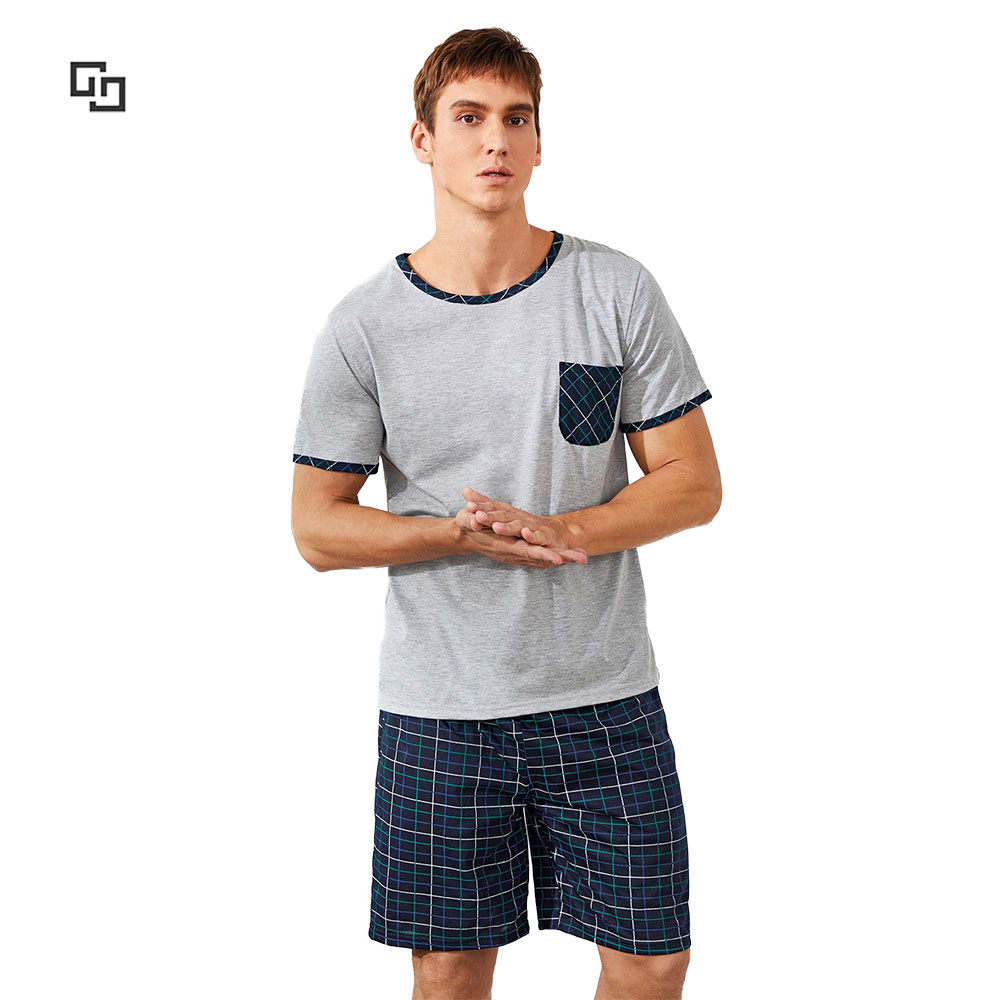 2021 Men Plaid Short Sleeve Tee & Shorts Wholesale Cotton Pajamas Pj Set