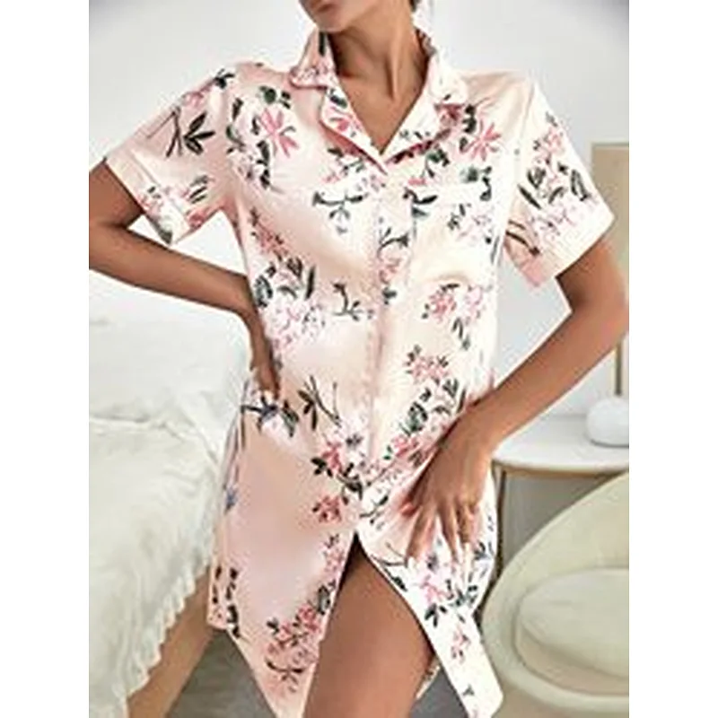 Floral Print Contrast Piping Satin Night Dresses for Woman Short Sleeve Button Front Custom Night Shirt