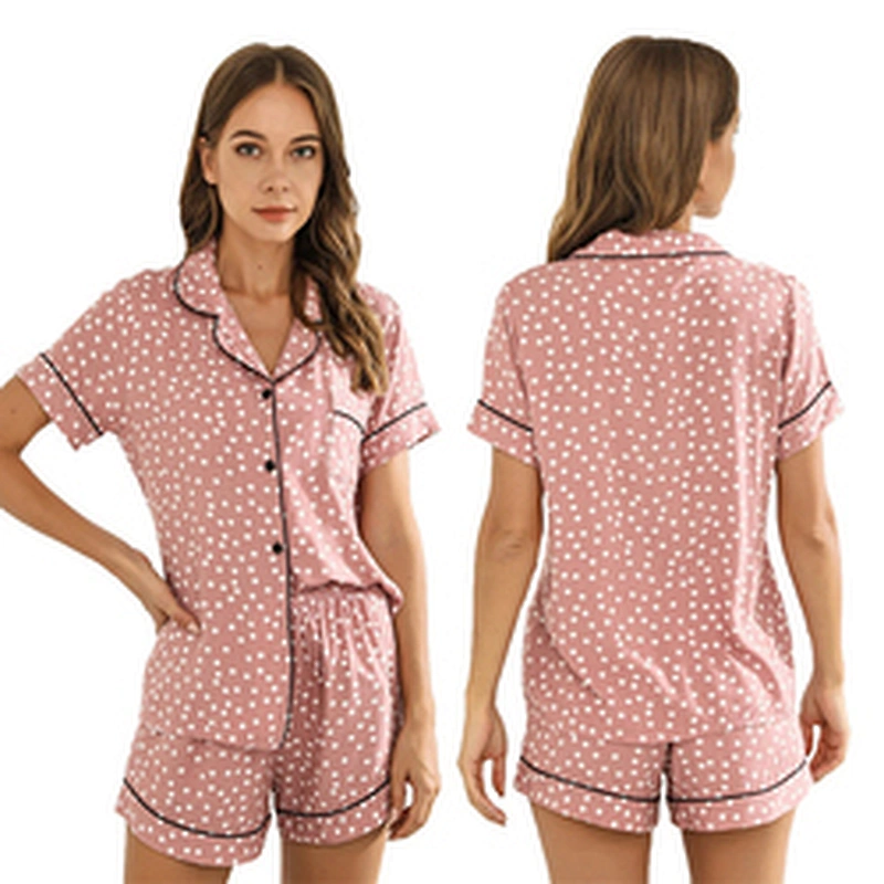 Polka Dot Print Summer Short Bamboo Pajamas Contrast Piping Blouse & Shorts Pijama Custom Women Pyjama