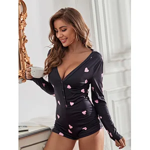 Custom Valentine Pajamas Women Button Front Romper Heart Print Valentine's Day Onesie