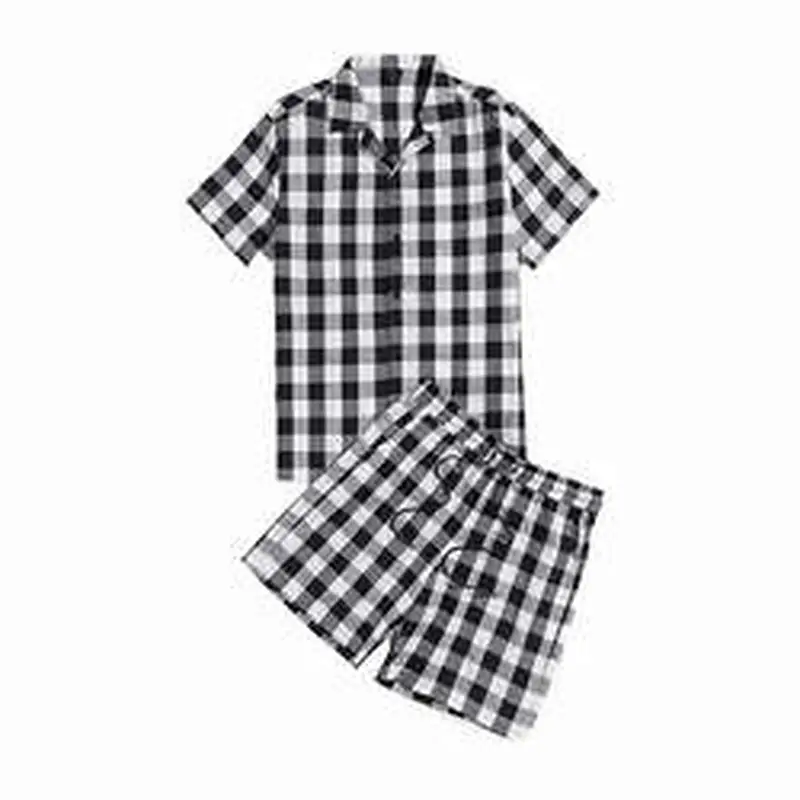 2021 Women Gingham Black And White Women's Sleepwear Pajamas Top And Drawstring Waist Shorts Lounge Wear Cotton Pijama Set