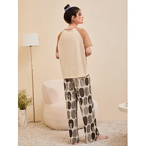 OEM Sleepwear Slogan & Bear Print Color Block Raglan Sleeve Cotton PJ Set for Women
