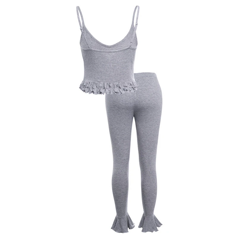 Ruffle Frill Rib Knit Cami Lounge Wear Yoga Solid Soft Clothing Pijamas Summer Cotton Jersey Women Pajamas