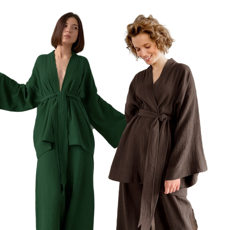 Kimono Cozy Woven Lounge Pants Robe Sets Solid Custom Winter Bath Dame Designer Cotton  Women Linen Robes