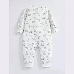 Spring Fall Baby Long Sleeve Rompers Round Neck Cartoon Graphic Striped Button Front Jumpsuit