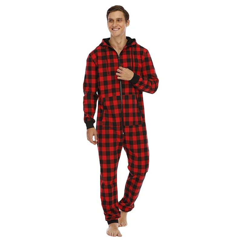 Male Adult Men Gingham Kangaroo Pocket Hooded Cotton Sleep Zipper Jumpsuit One Piece Pajamas