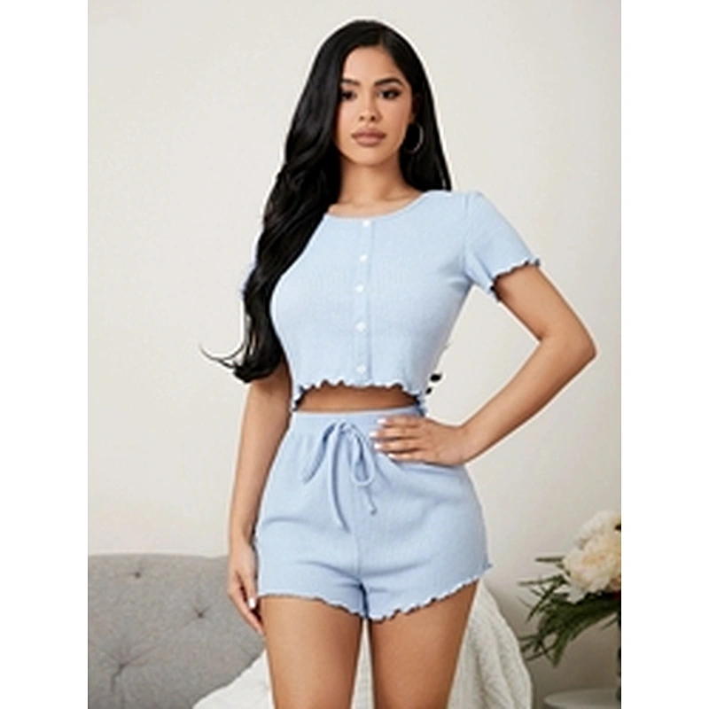 New Designer Bow Detail Lettuce Trim PJs Set for Women