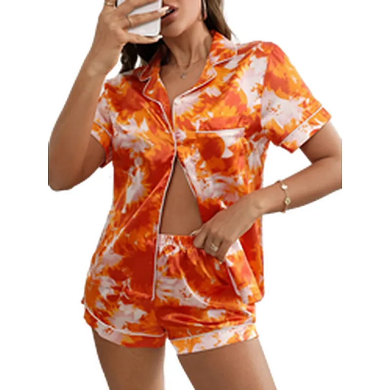 Floral Print Pajama Set Women Satin Patched Pocket Satin Short Sleeve Woman Pajamas Contrast Piping Satin Womens Pajamas Set