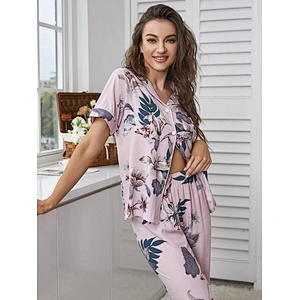 Women Pajamas Sets Short Sleeve Floral Print Bamboo Viscose Sleepwear for Women Contrast Binding Bamboo Viscose Pajama Set