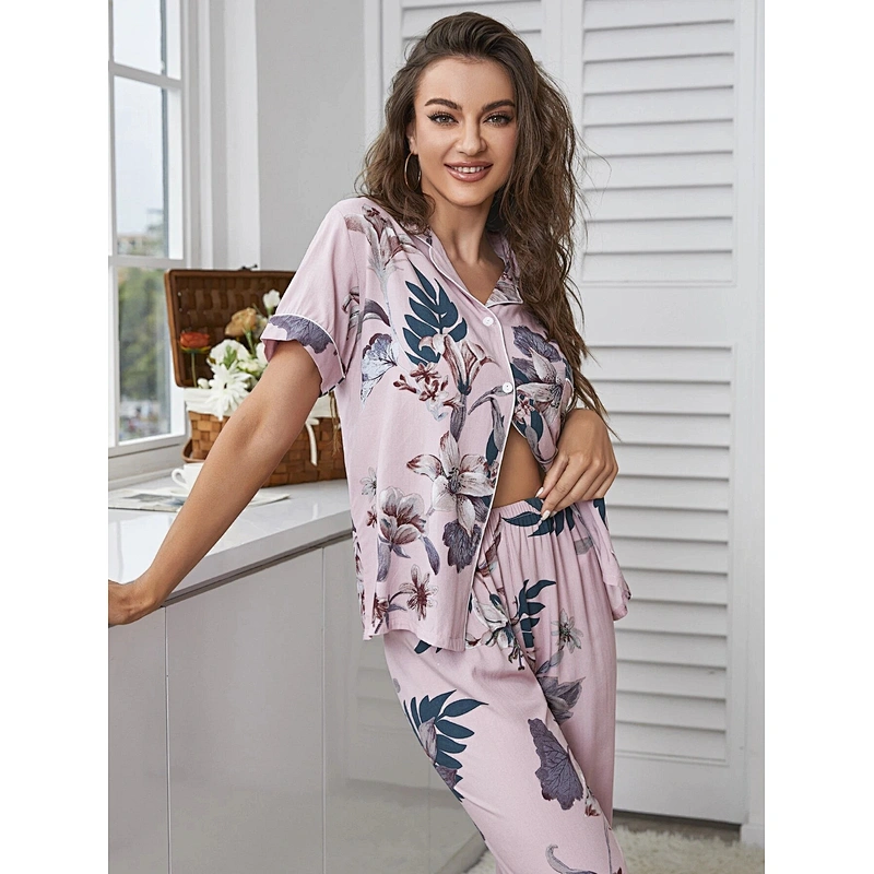 Women Pajamas Sets Short Sleeve Floral Print Bamboo Viscose Sleepwear for Women Contrast Binding Bamboo Viscose Pajama Set