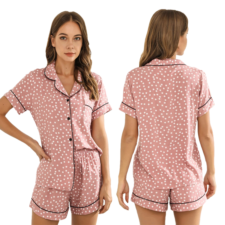 Polka Dot Print Summer Short Bamboo Pajamas Contrast Piping Blouse & Shorts Pijama Custom Women Pyjama