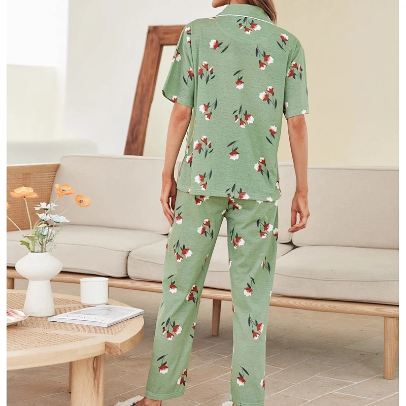 Mint Green Women's Pajamas Long Sleeve Floral Print Pajama Women Set Cotton Binding Womens Cotton Pajama Set