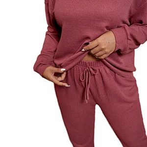 Wholesale Oversize Knitted Lounge Wear Set Designer Solid Long Winter Waffle Plus Size Women Pajamas
