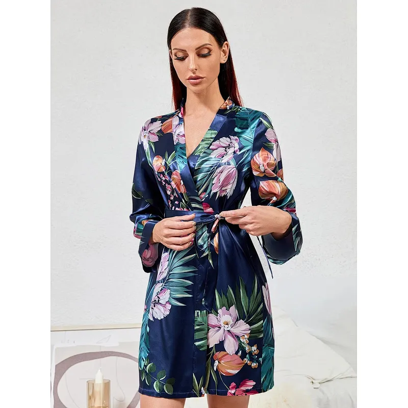 Party Bridesmaid Deep V Neck Kimono Robe Silk Floral Print Belted Womens Satin Robe