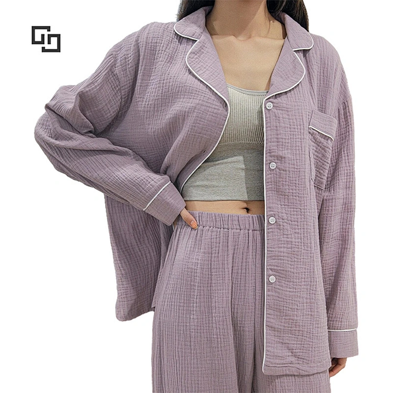 Solid Organic Cotton Pajamas Women Purple Long Set Pyjamas Contrast Binding Sleepwear Pajama Set Cotton