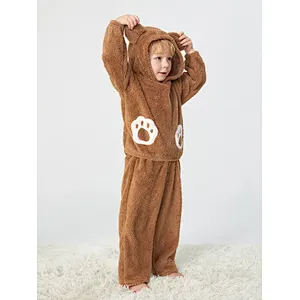 Cute Cartoon Kids Winter Pajamas Paw Print 3D Ears Design Teddy Hoodie & Pants Boys Clothing Sets