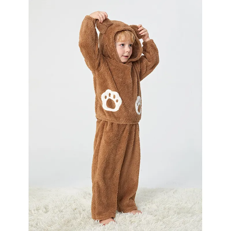 Cute Cartoon Kids Winter Pajamas Paw Print 3D Ears Design Teddy Hoodie & Pants Boys Clothing Sets