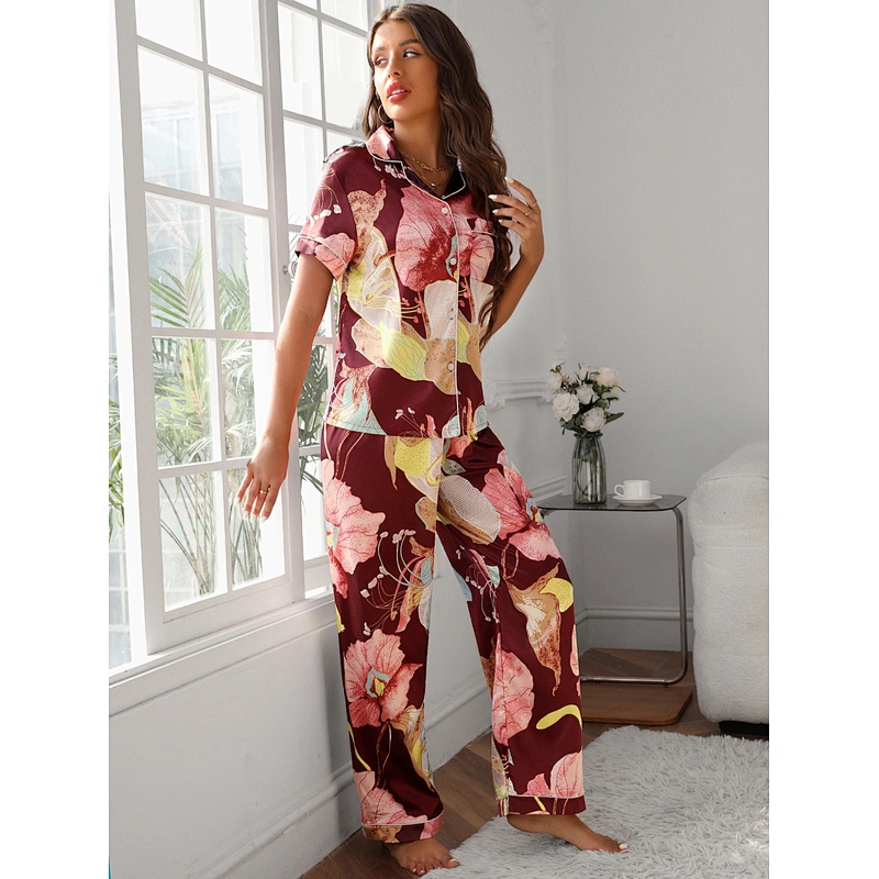 2022 New Custom Long Floral Silk Pyjamas Sleepwear Luxury Pajamas Pj Sets For Women