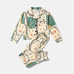 Cute Custom Girls Sleepwear Cartoon Graphic Lapel Collar Viscose from Bamboo Kids Pajamas