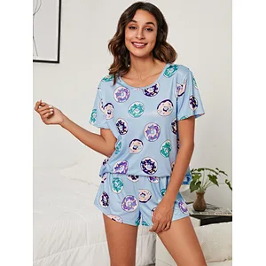 2022 New Short Bamboo Pyjamas Cozy Sleepwear Adult Summer Cartoon Cotton Pajamas For Women