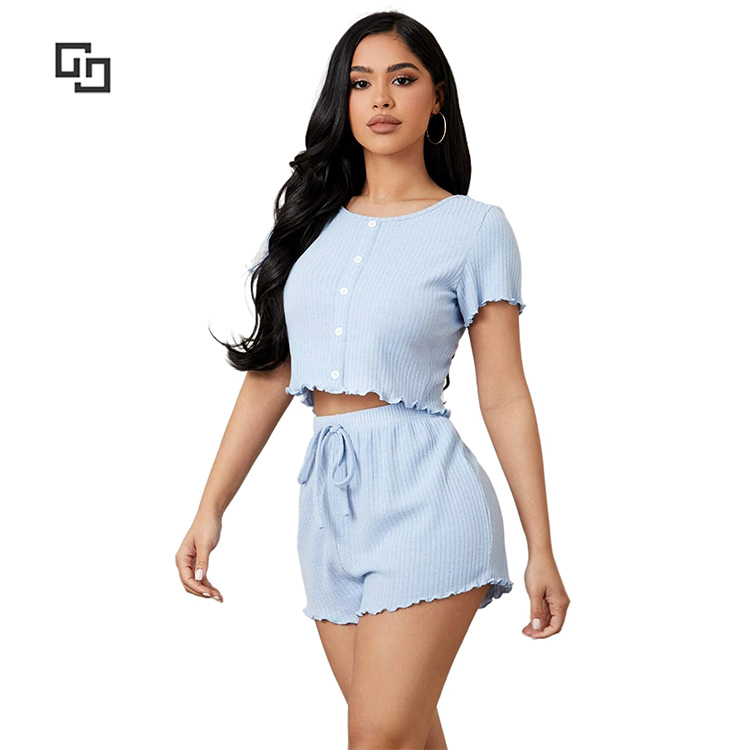 New Designer Bow Detail Lettuce Trim PJs Set for Women