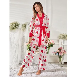 Cute Heart Print Contrast Binding Viscose from Bamboo Pajamas Custom Long Pyjamas Women Sleepwear