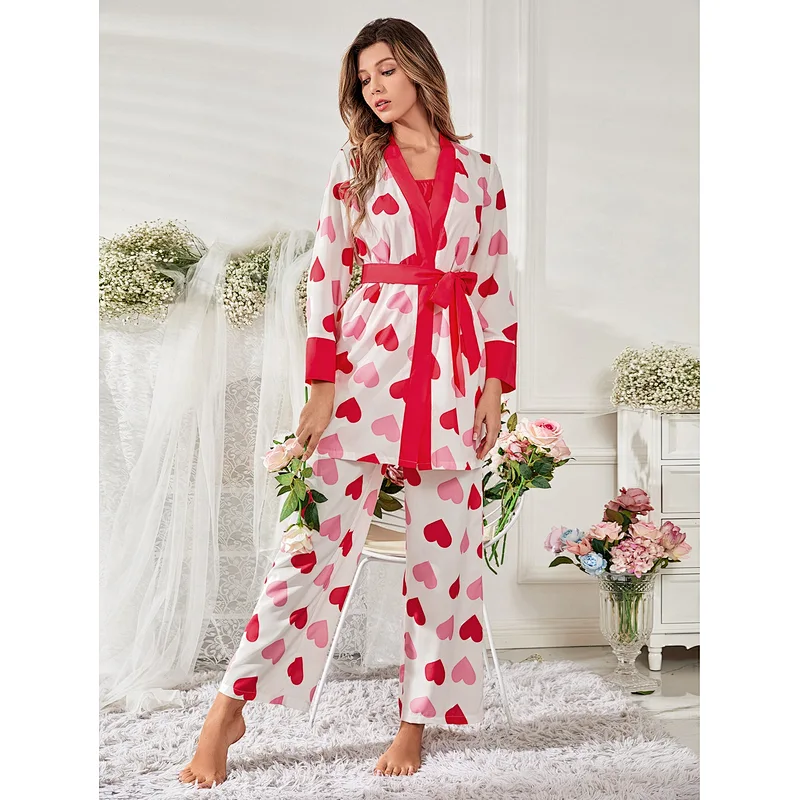 Cute Heart Print Contrast Binding Viscose from Bamboo Pajamas Custom Long Pyjamas Women Sleepwear