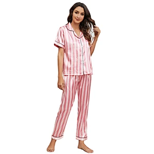 Wholesale Striped Long Winter Custom Silk Sleepwear Pijama 2 Pieces Femme Pyjama Women Pajama Set