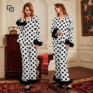 2022 Women Two Pieces Sleepwear Mesh Cuff Polka Dot Blouse and Pants Luxury New Design Pajamas
