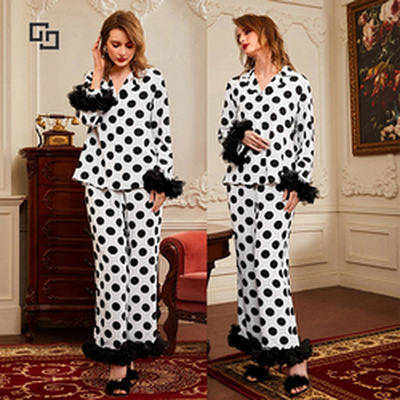 2022 Women Two Pieces Sleepwear Mesh Cuff Polka Dot Blouse and Pants Luxury New Design Pajamas