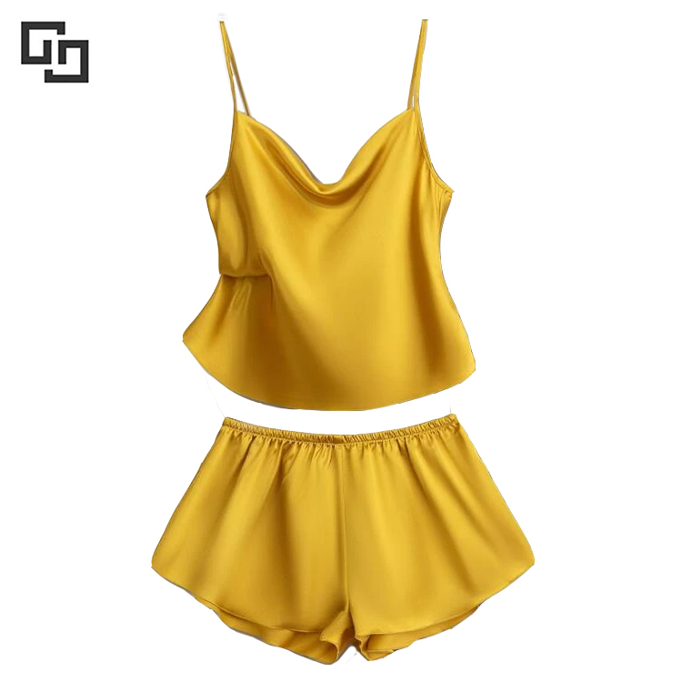 Wholesale Custom Ladies Hot Gold Silk Satin Cami Women Summer Pajama Set