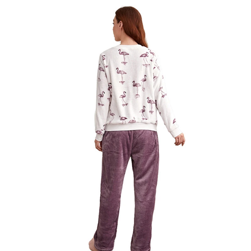 Flamingo Pattern Custom Velvet Lounge Wear Set Designer Winter Knit Flannel Women Pajama Sets