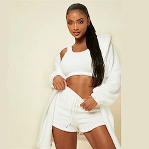 Crop Flannel Tank Top & Shorts And Hooded Robe Loungewear Set Custom Lounge Wear
