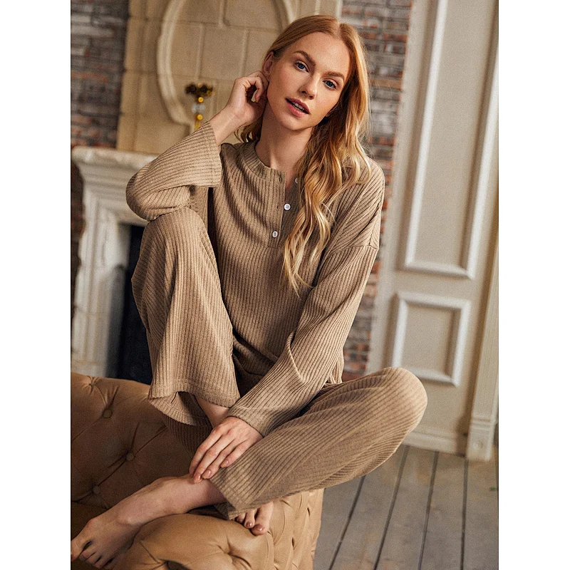 Rib Knit Drop Shoulder Lounge Wear Sets Women Split High Low Hem Tee & Pants Pyjamas Wholesale Women Loungewear