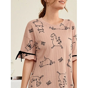 2 Piece Pajama Short Set Cartoon Print Bamboo Viscose Sleepwear Flounce Sleeve Bamboo Viscose Pajamas for Women