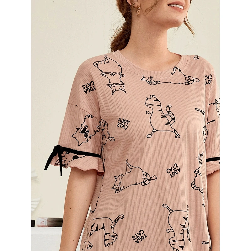 2 Piece Pajama Short Set Cartoon Print Bamboo Viscose Sleepwear Flounce Sleeve Bamboo Viscose Pajamas for Women