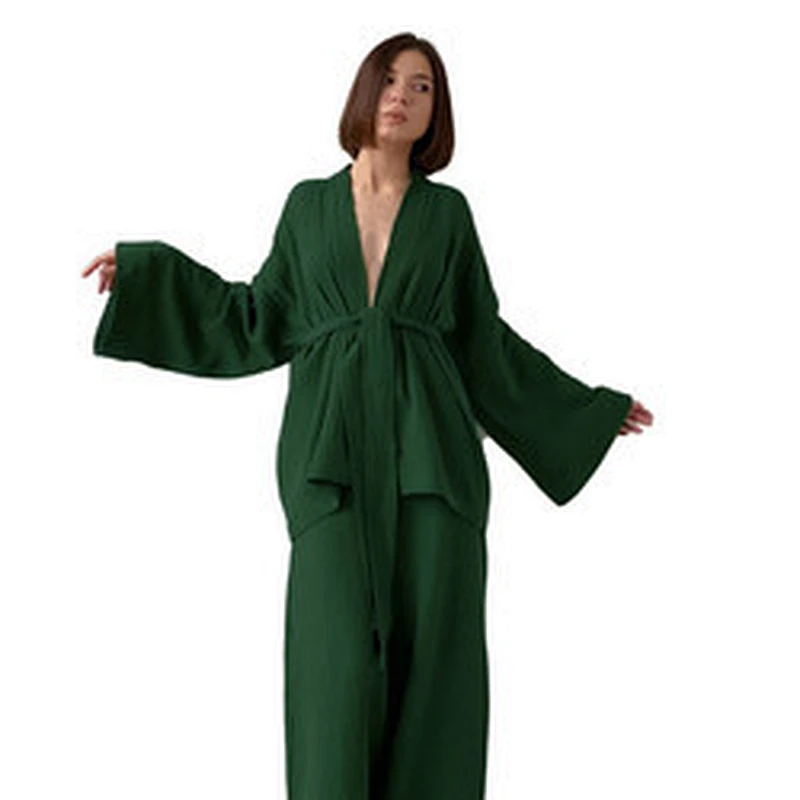 Kimono Cozy Woven Lounge Pants Robe Sets Solid Custom Winter Bath Dame Designer Cotton  Women Linen Robes