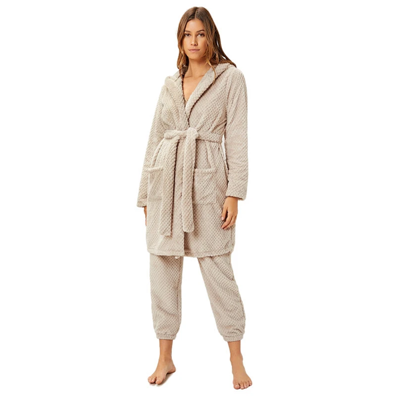New Hooded Dual Pockets Flannel Waffle Winter Robes Femme Fleece Solid Lounge Pants Fuzzy Women Robe Sets