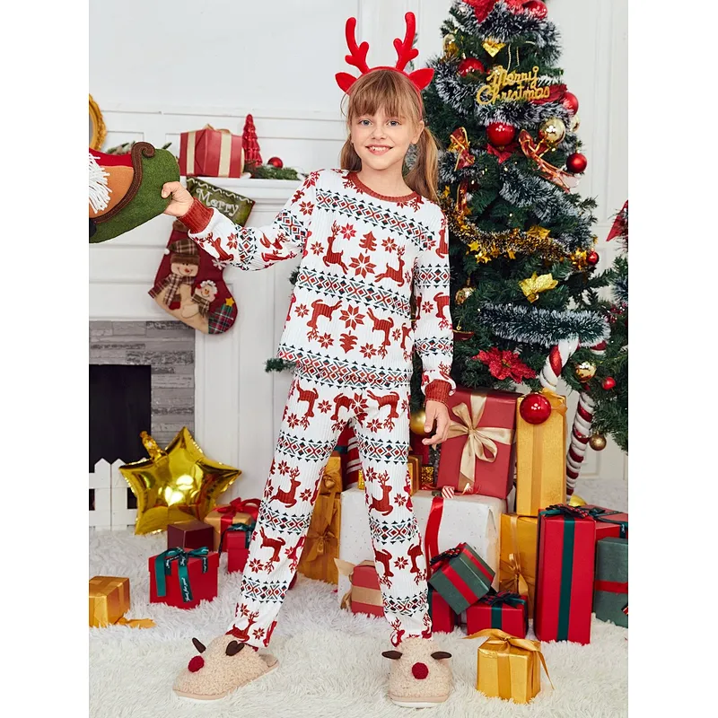 Custom New Arrival Adult and Kids Christmas Pjs 100% Cotton Rib Mommy and Me Matching Christmas Print Pajama Set