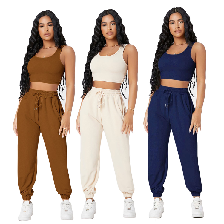 Custom Camisole Lounge Wear Solid Crop Tank Top And Sweatpants Joggers Set Women Loungewear Set